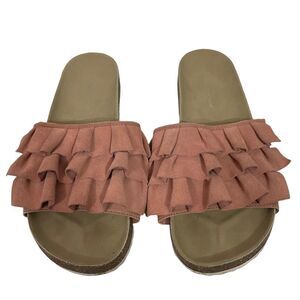 American Eagle Pink Fringe Slide On Sandals